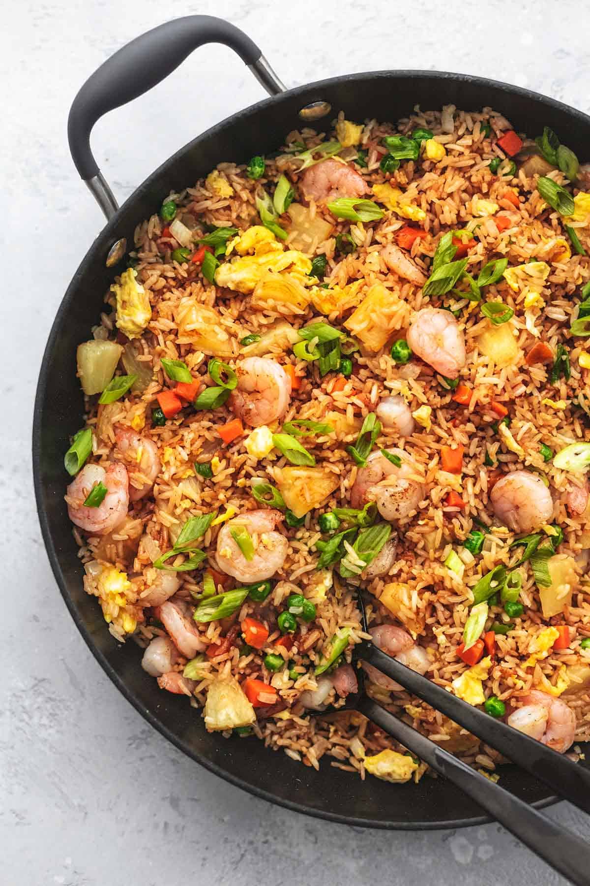 overhead view of shrimp fried rice in skillet
