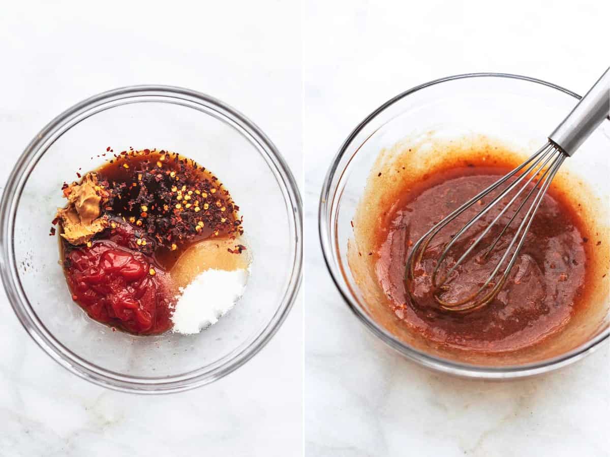 side by side images of sauce preparation.