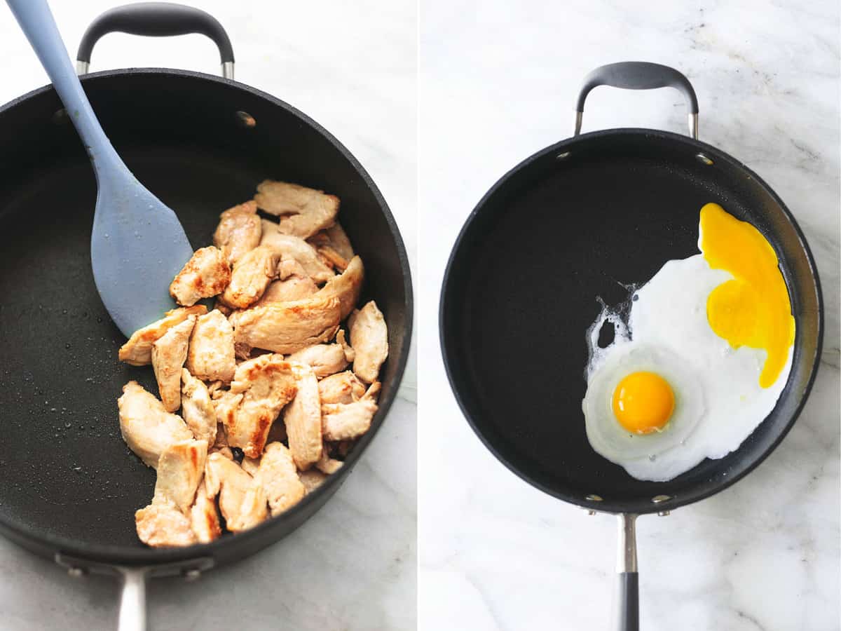 side by side images of chicken in a skillet and eggs frying in a skillet.