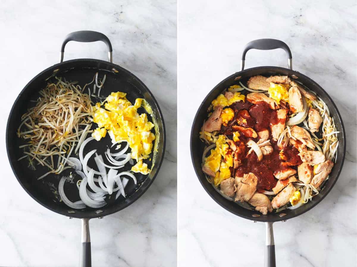 side by side images of chicken pad Thai preparation.