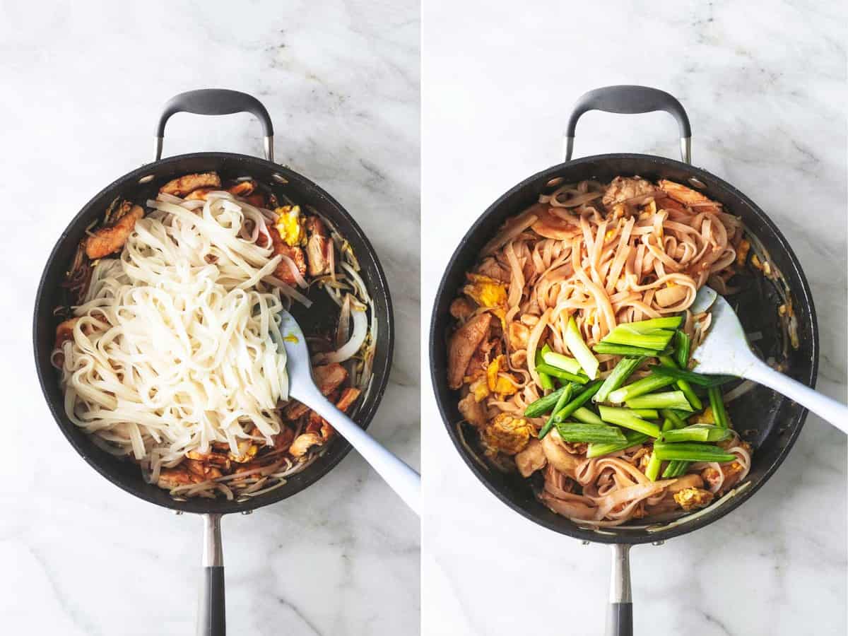 side by side images of noodles sautéing in a pan with veggies and eggs.