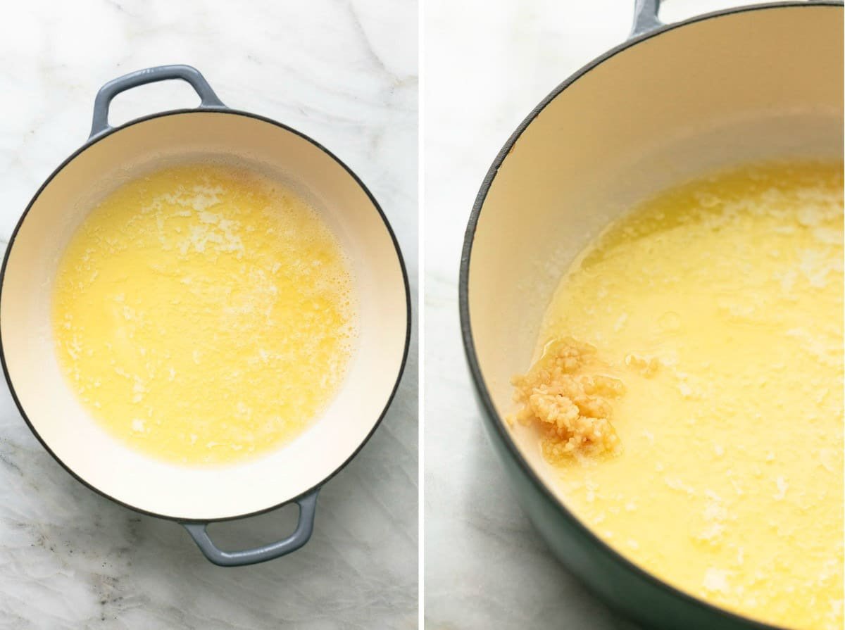 side by side images of lemon butter sauce being made.