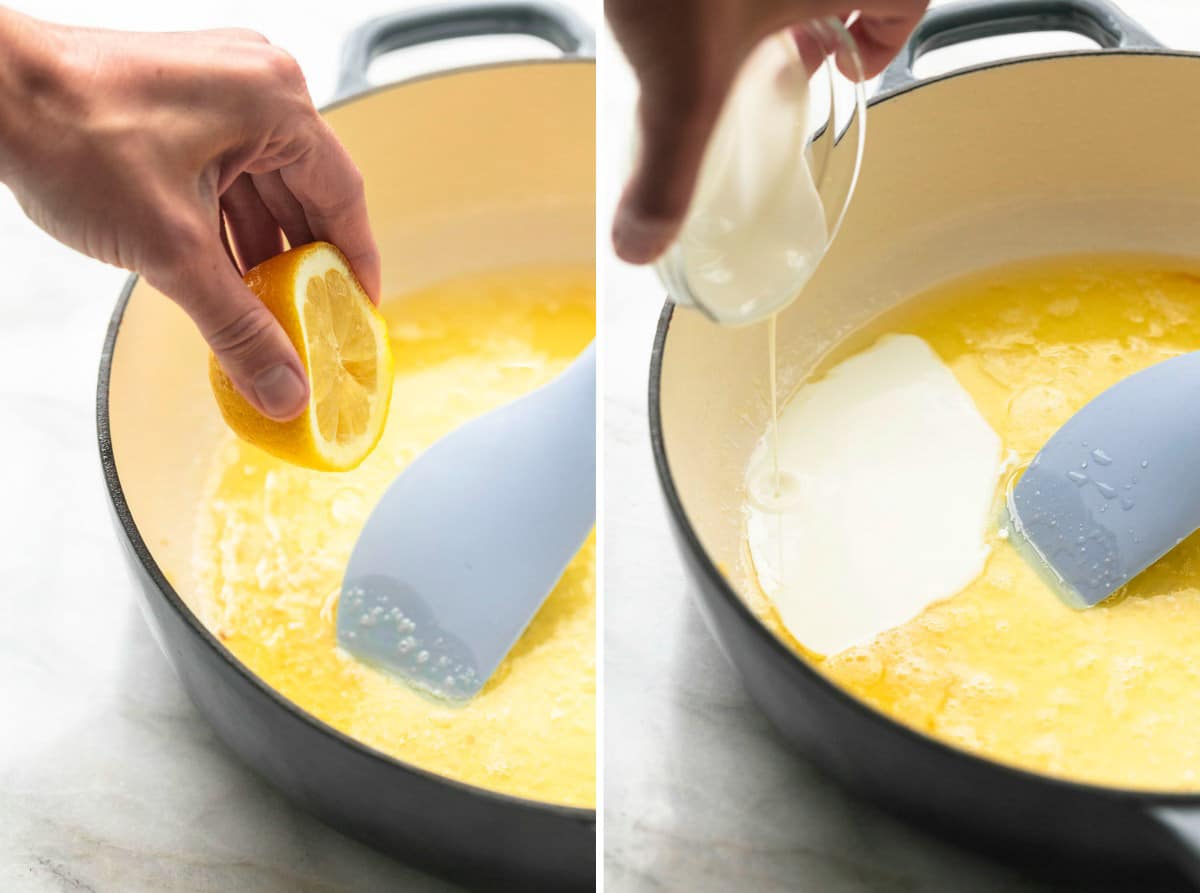 side by side images of a hand pouring heavy cream and squeezing lemon over a skillet with yellow sauce.