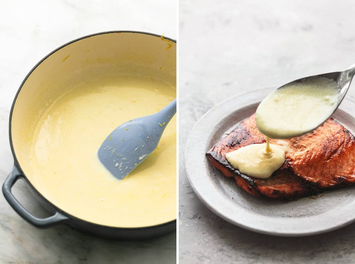 yellow sauce in skillet beside serving spoon pouring sauce over cooked salmon