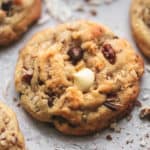 up close view of cookie with chocolate chips and walnut