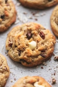 up close view of cookie with chocolate chips and walnut