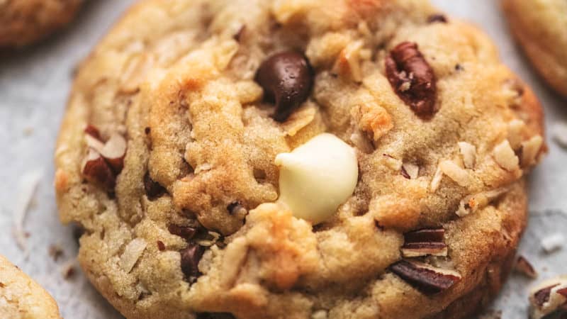 up close view of cookie with chocolate chips and walnut