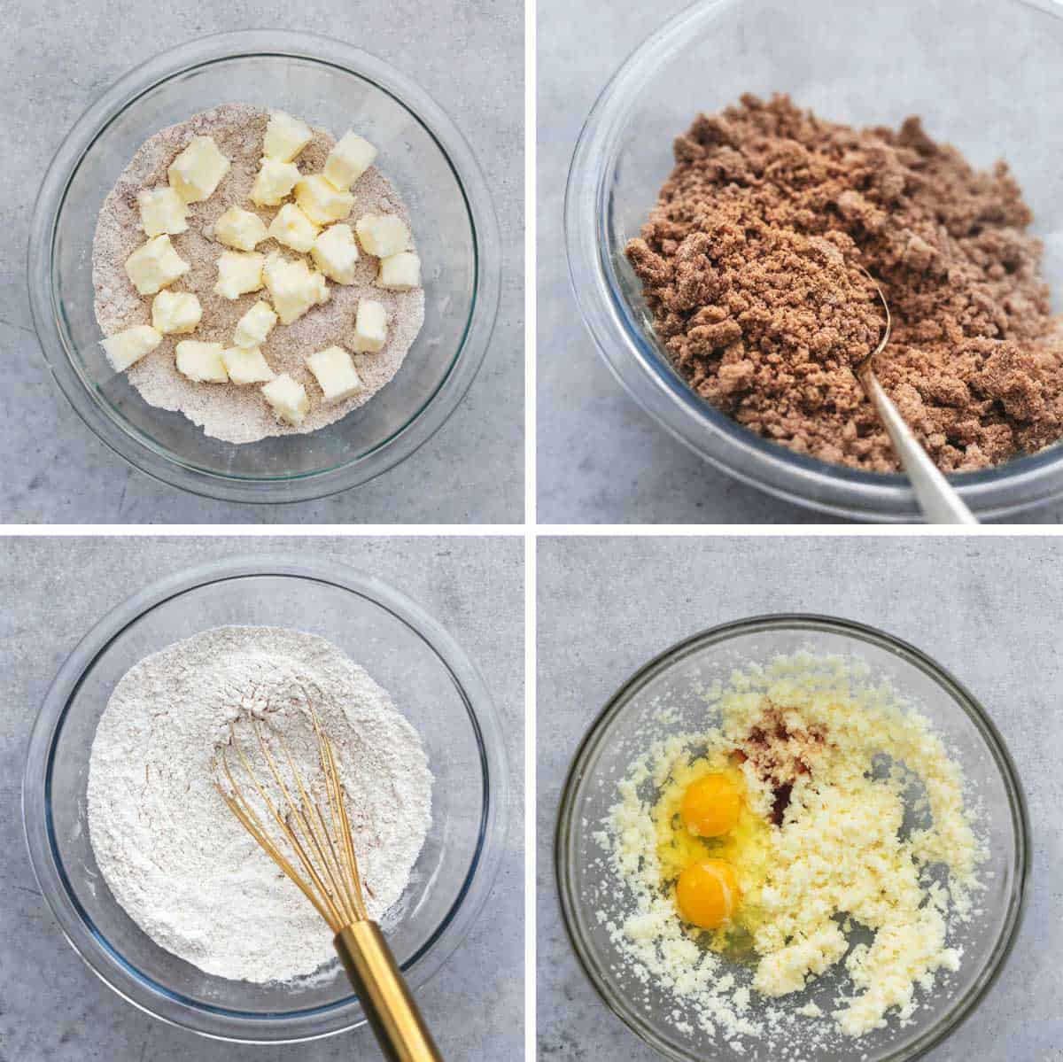 collage of four images showing ingredients for coffee cake in glass bowl and preparation