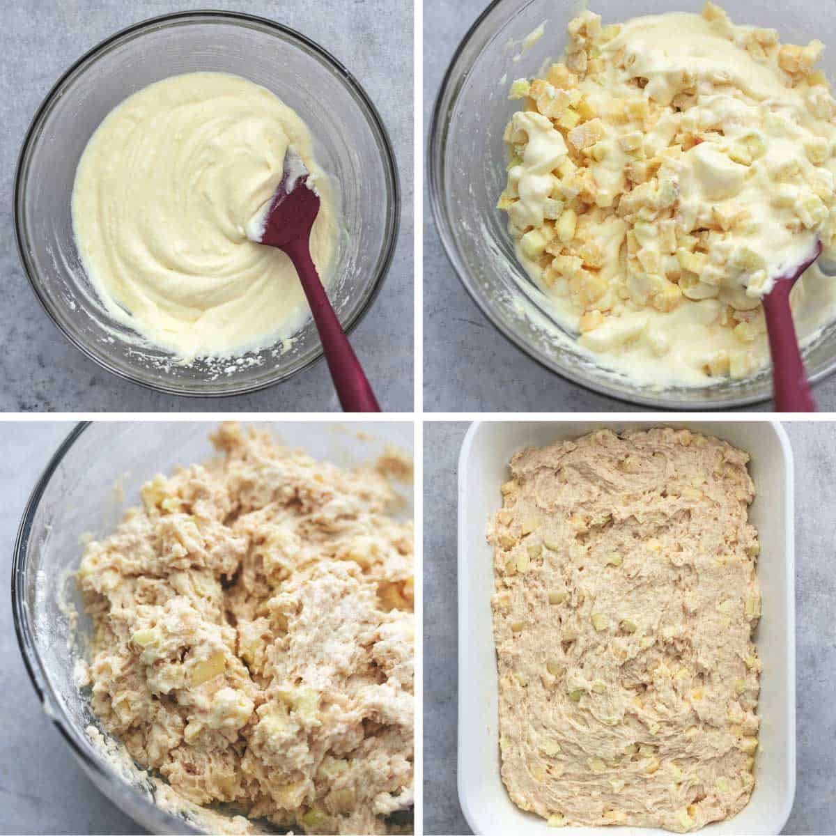 a collage of four images showing coffee cake batter being prepared 