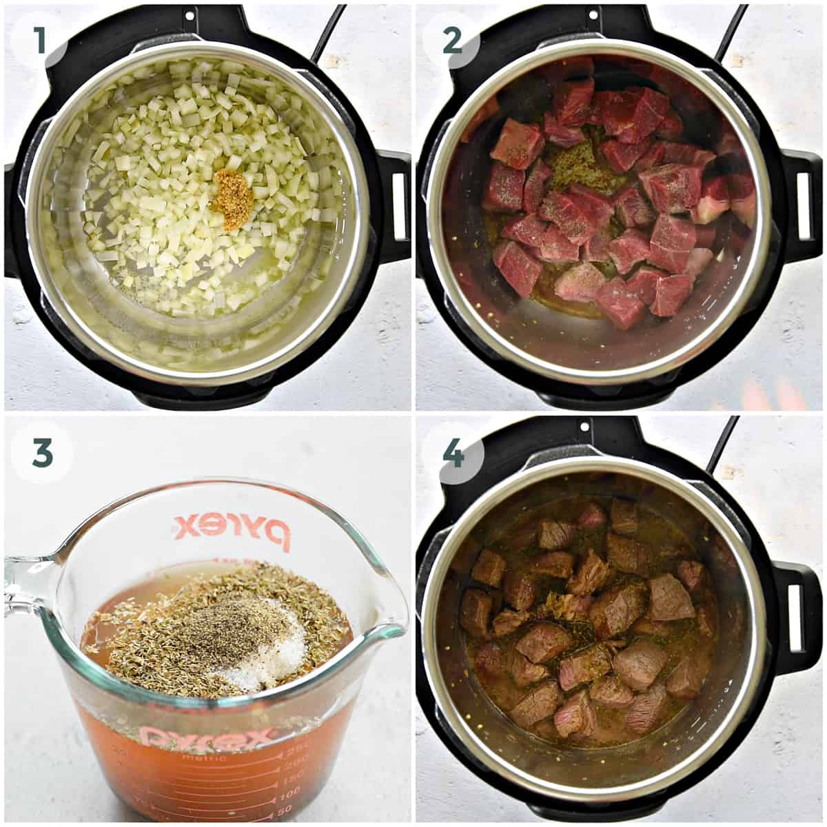 four steps of preparing beef stew in instant pot