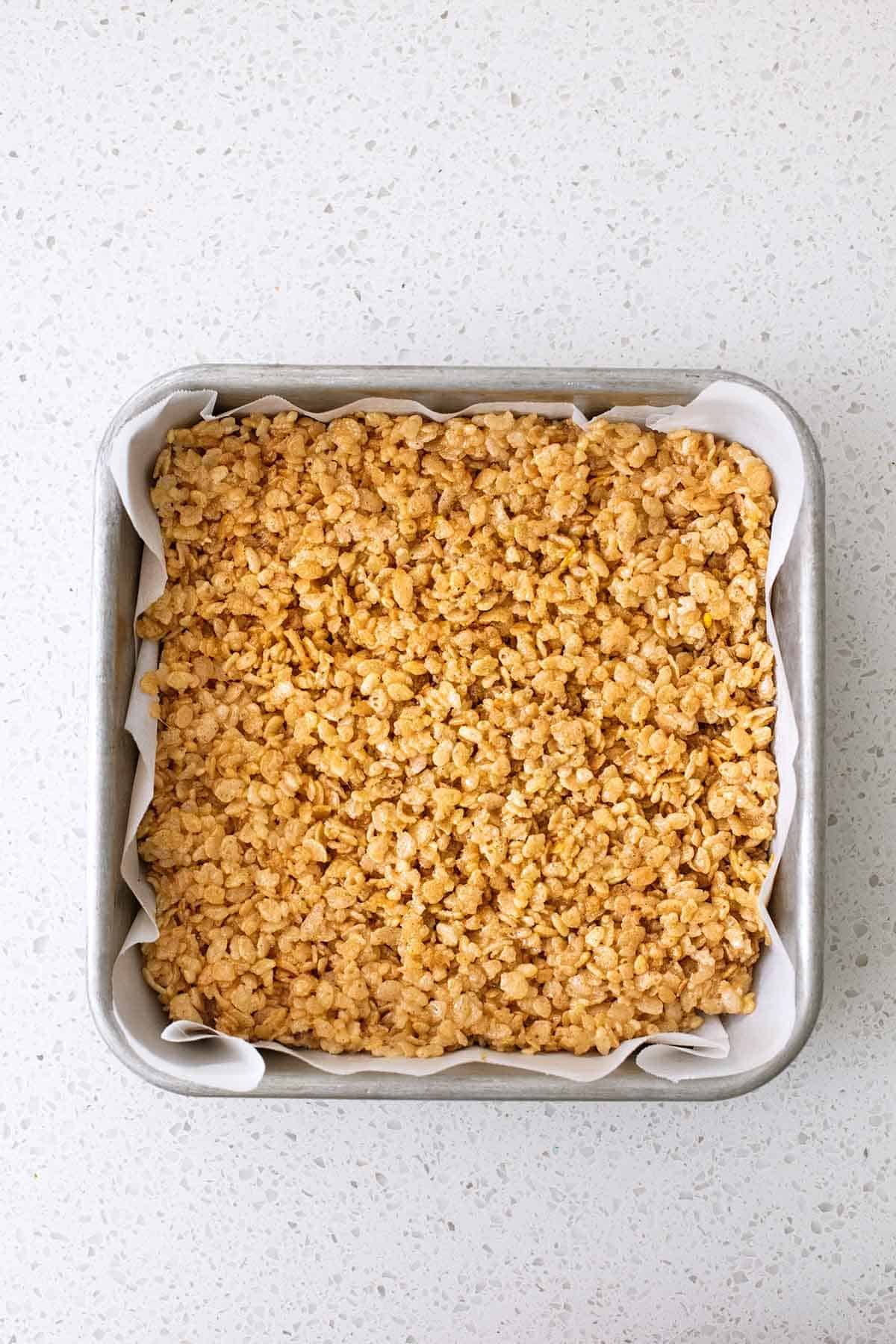 prep for rice krispies in square pan with parchment