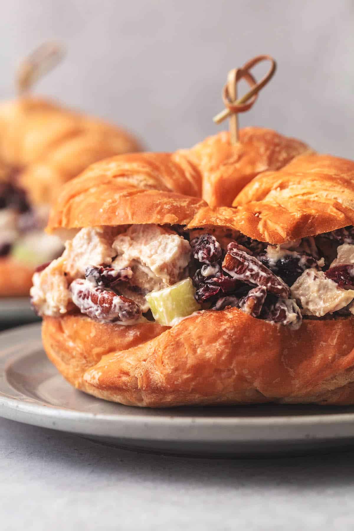 close up of a cranberry pecan turkey salad croissant sandwich on a plate.