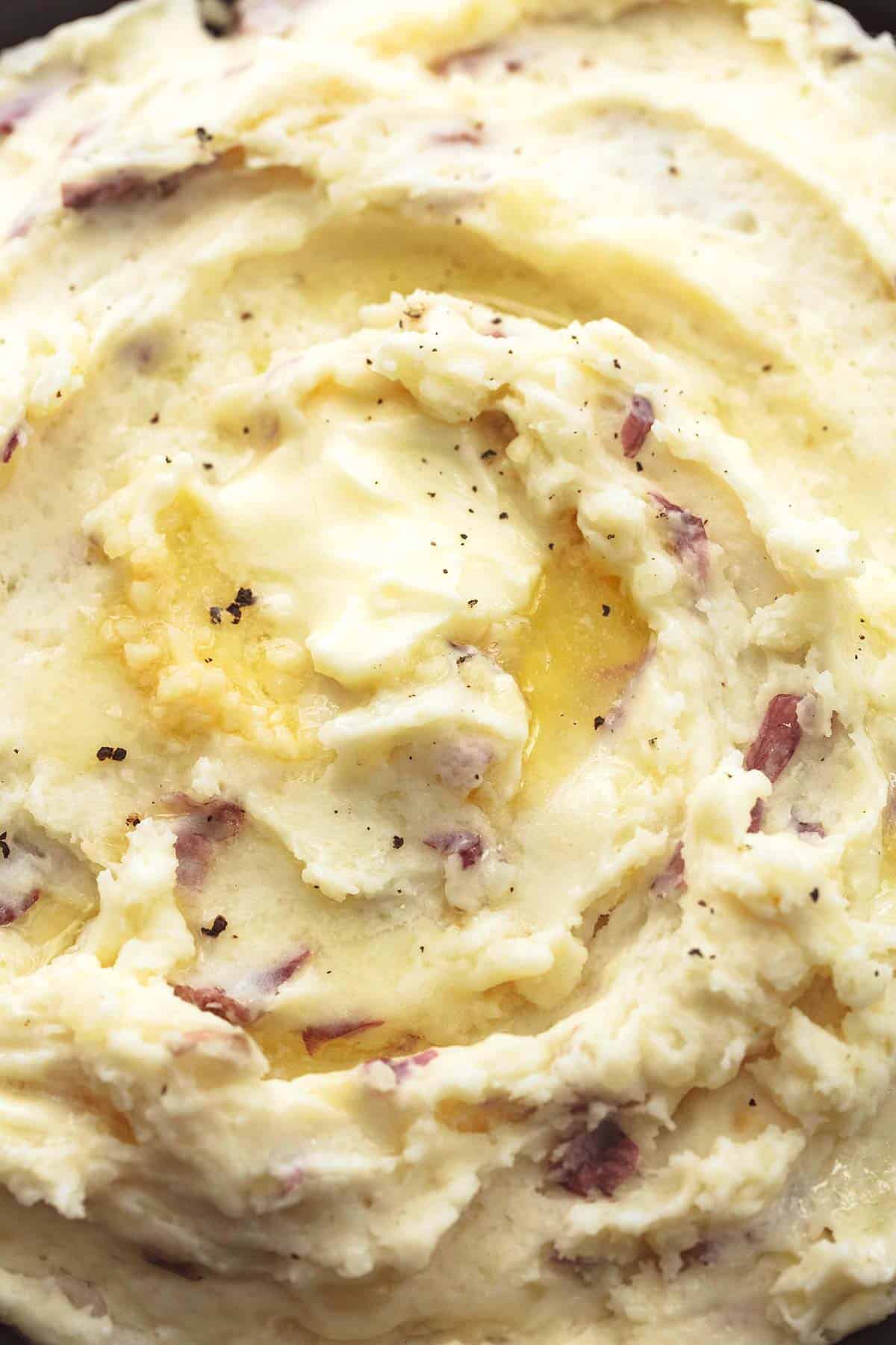 close up top view of garlic mashed potatoes.
