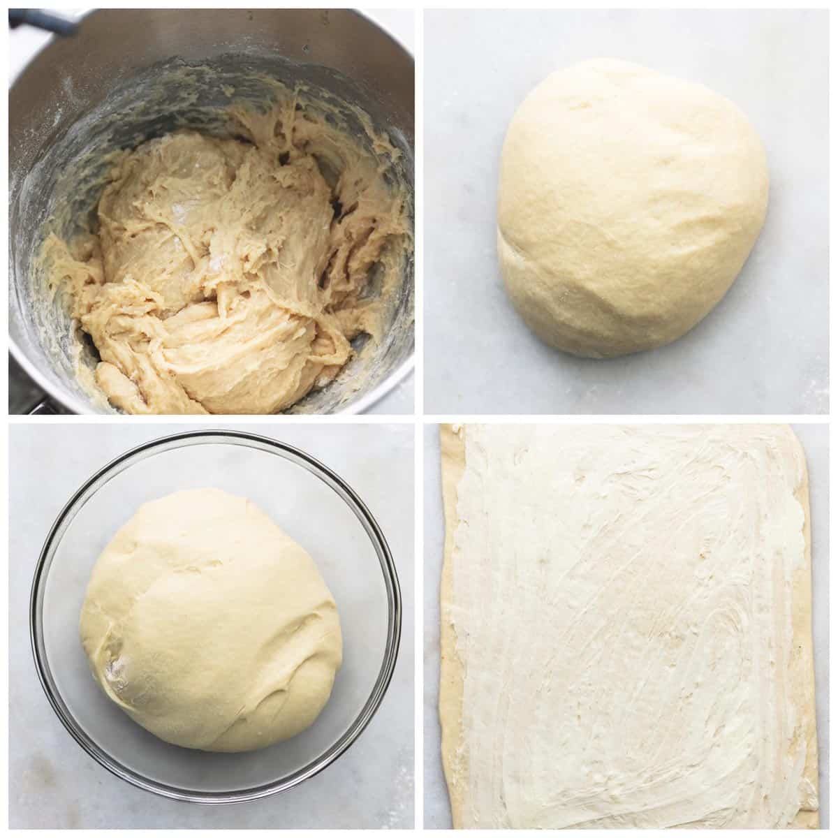 collage showing flour, dough, milk, and butter.