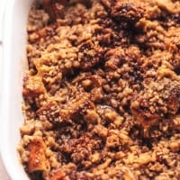 up close streusel in a white dish