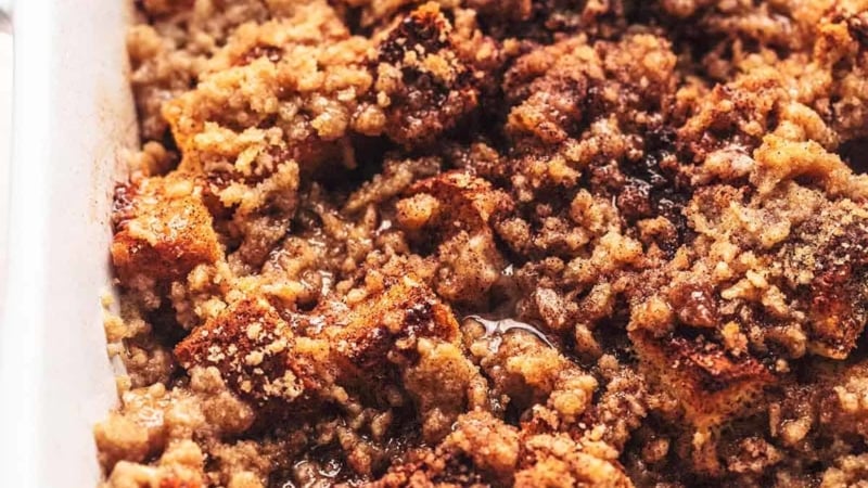 up close streusel in a white dish