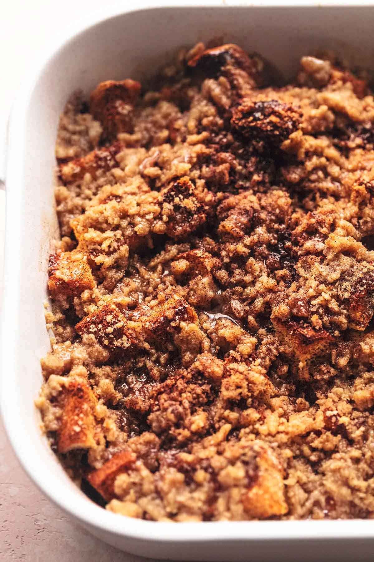 up close streusel in a white dish