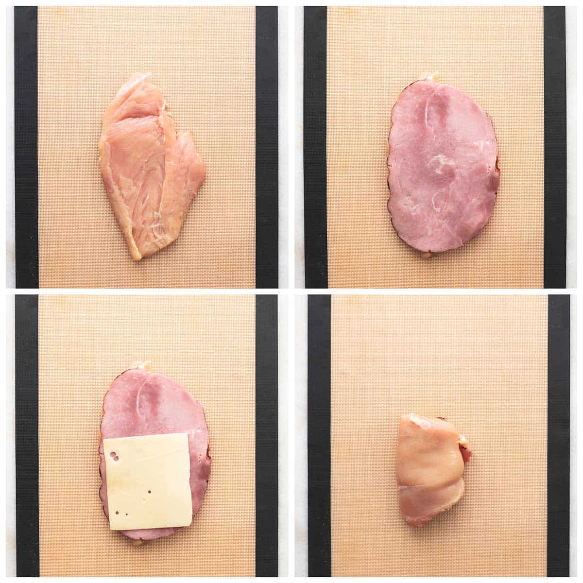 collage showing step by step directions for making stuffed chicken bundle.