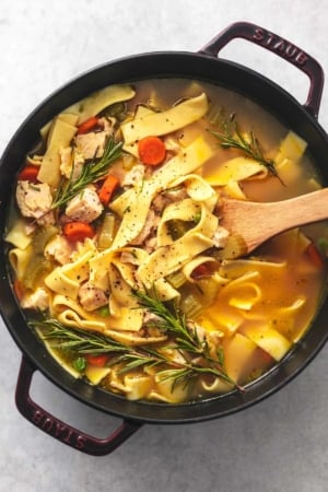 overhead view of serving spoon in pot of noodles with broth and chicken