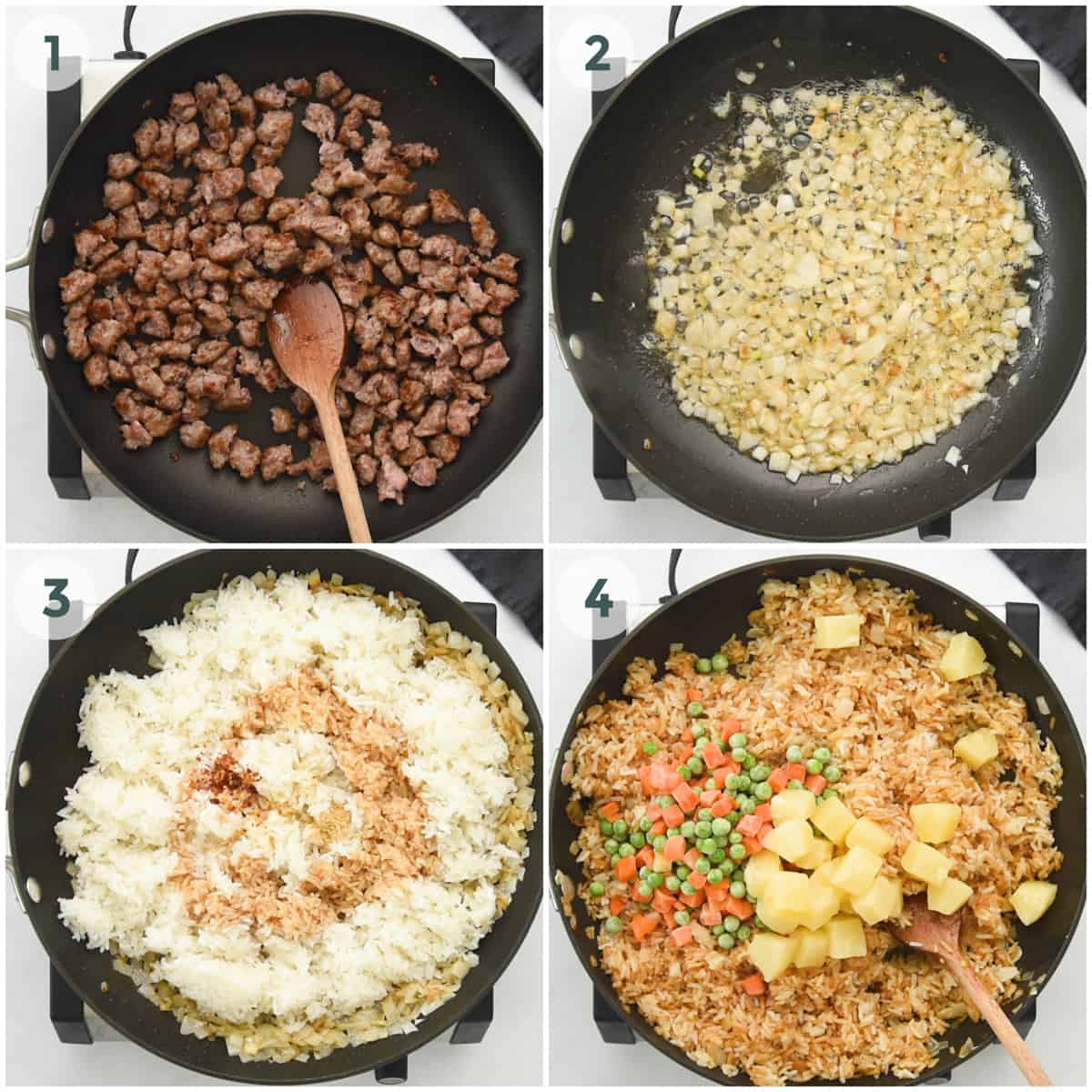 four steps of preparing pork fried rice