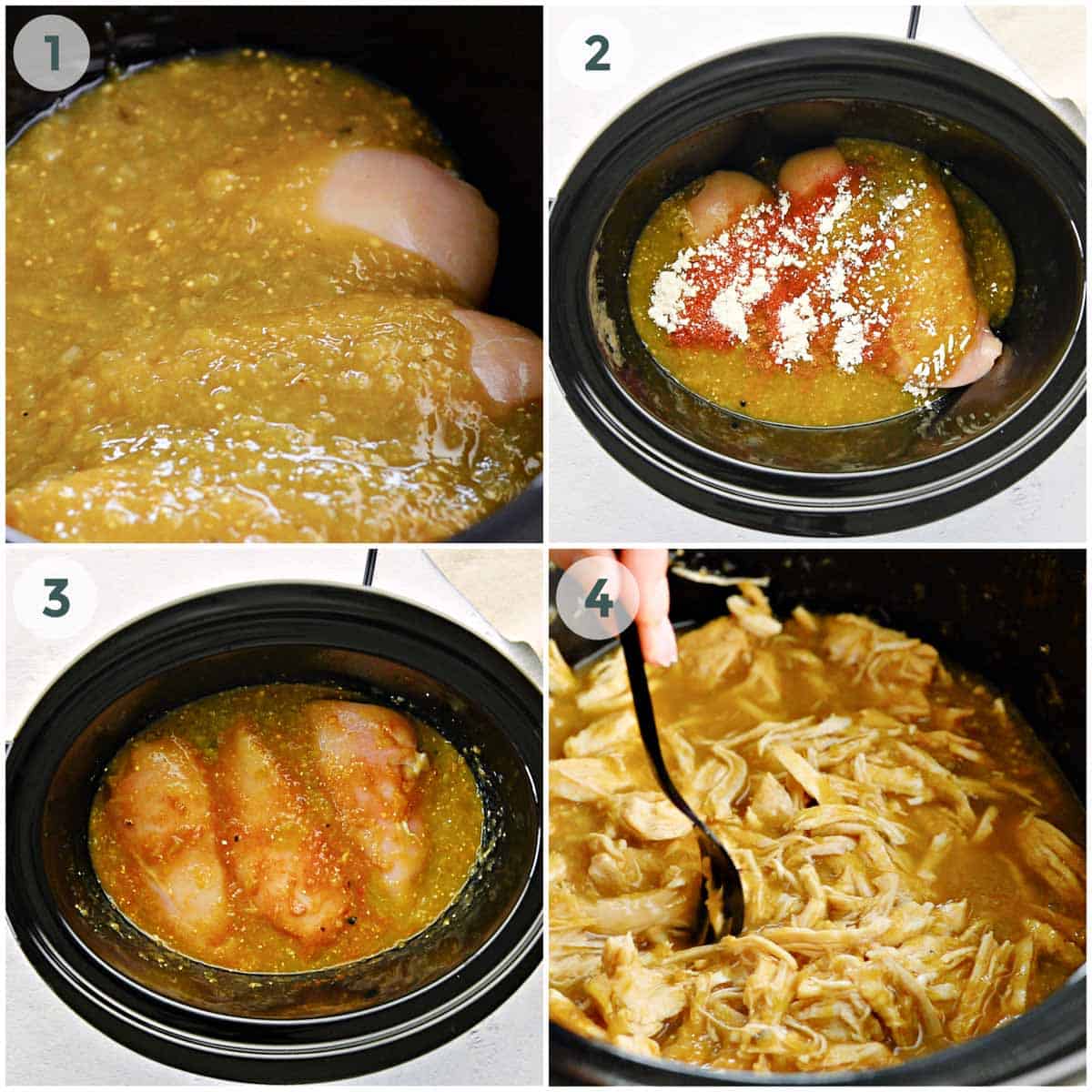 collage of four steps of making shredded chicken in a slow cooker.