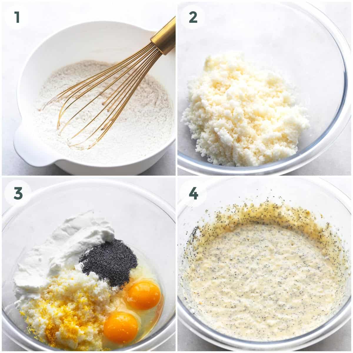 collage depicting preparation of muffin batter.