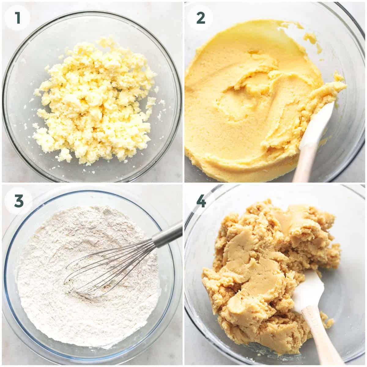 collage showing preparation and mixing of dough for sugar cookie bars.