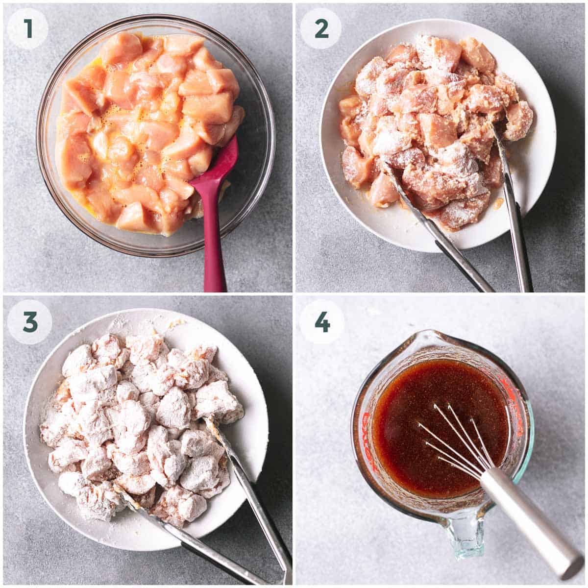 collage of four images showing chicken coating and sauce preparation