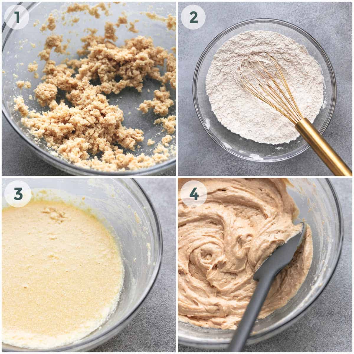 collage of preparation of muffin batter.