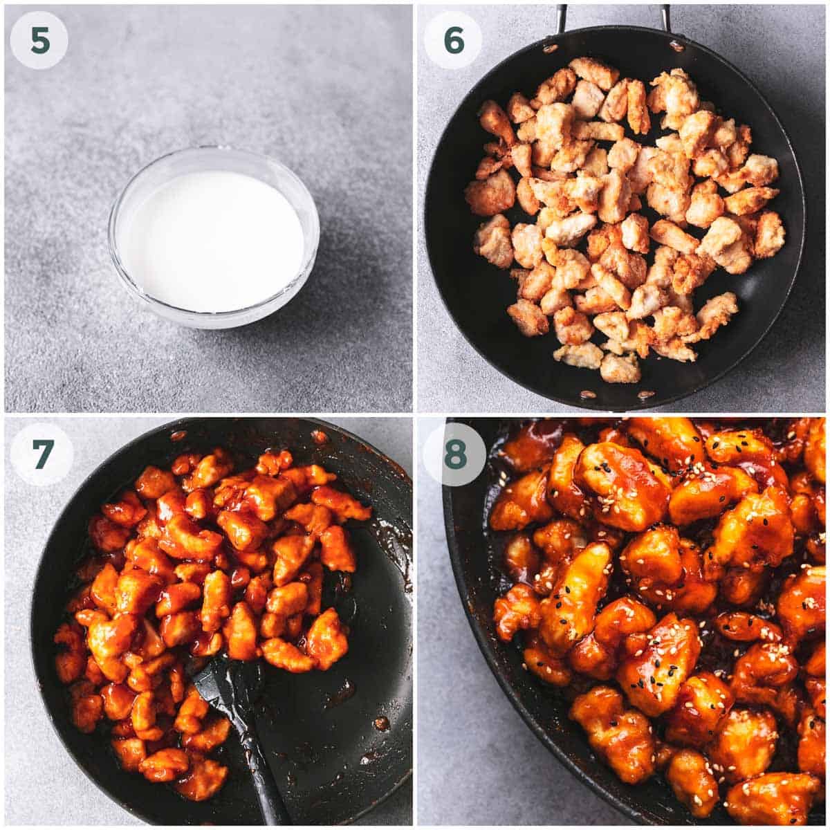 collage of four images showing sesame chicken preparation