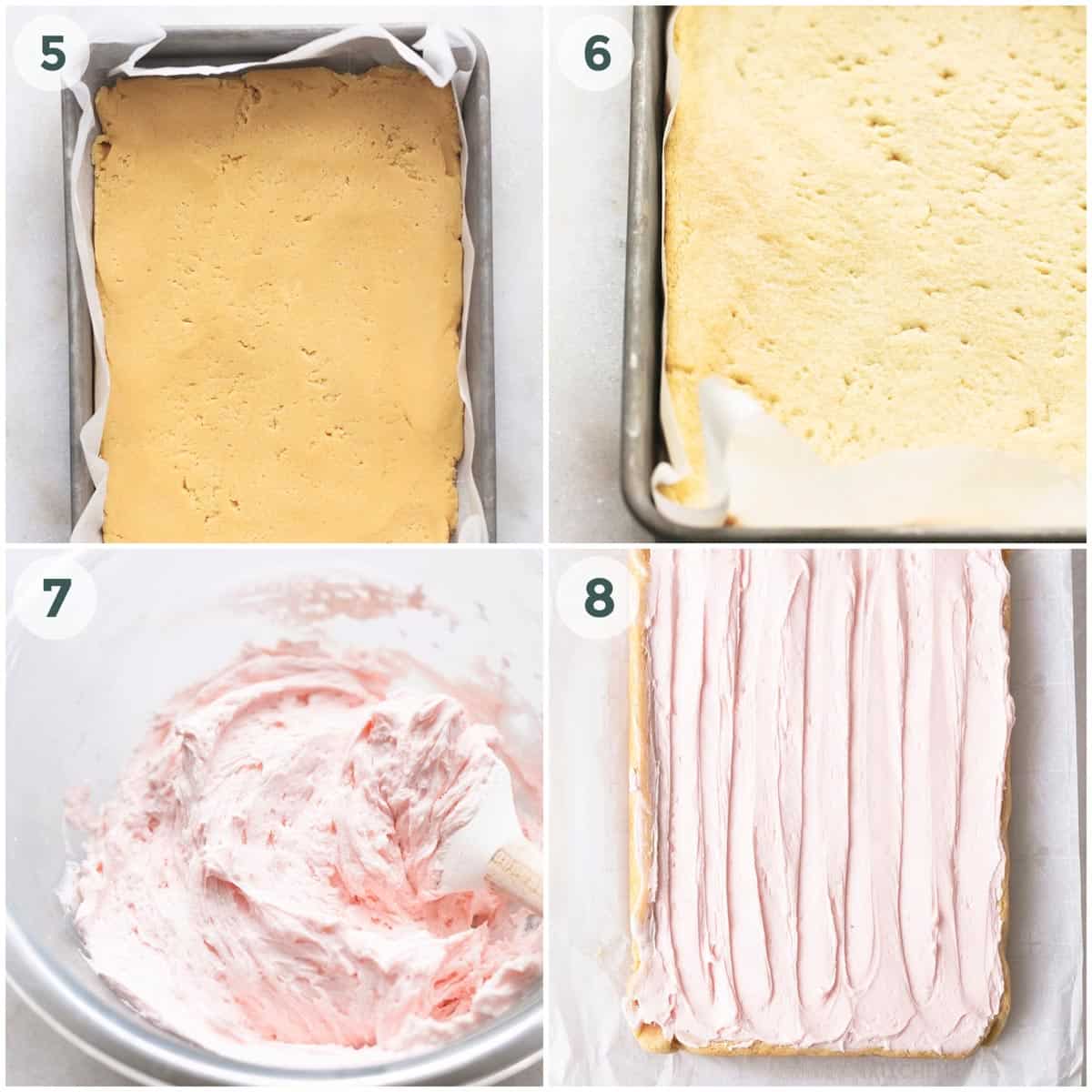 collage of four images depicting preparation for dessert bars with pink frosting