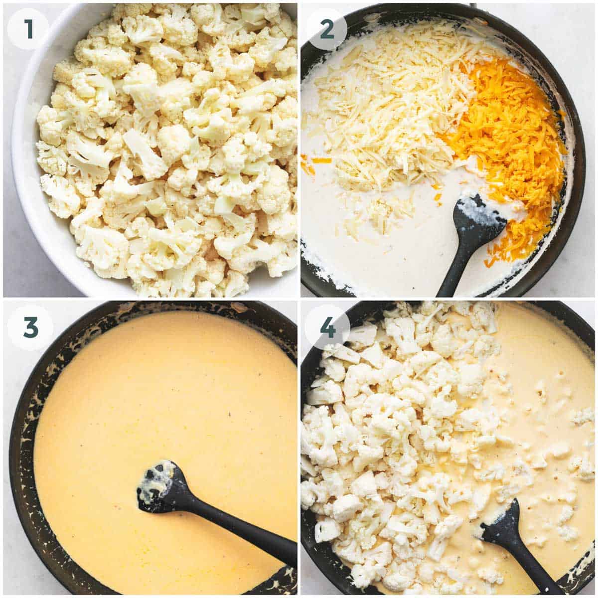 collage showing preparation for baked cauliflower mac and cheese.