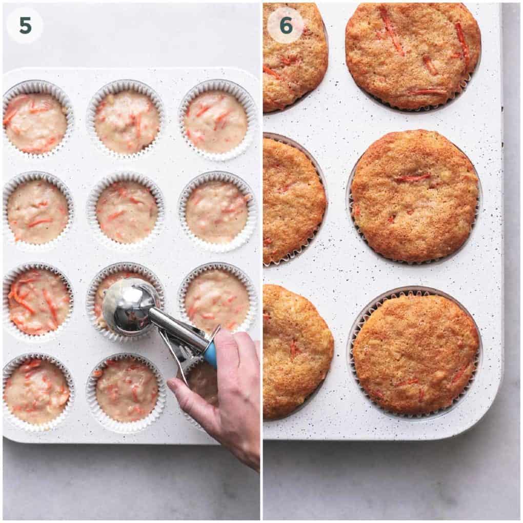 side by side images showing cupcake batter and baked cupcakes in muffin tin.