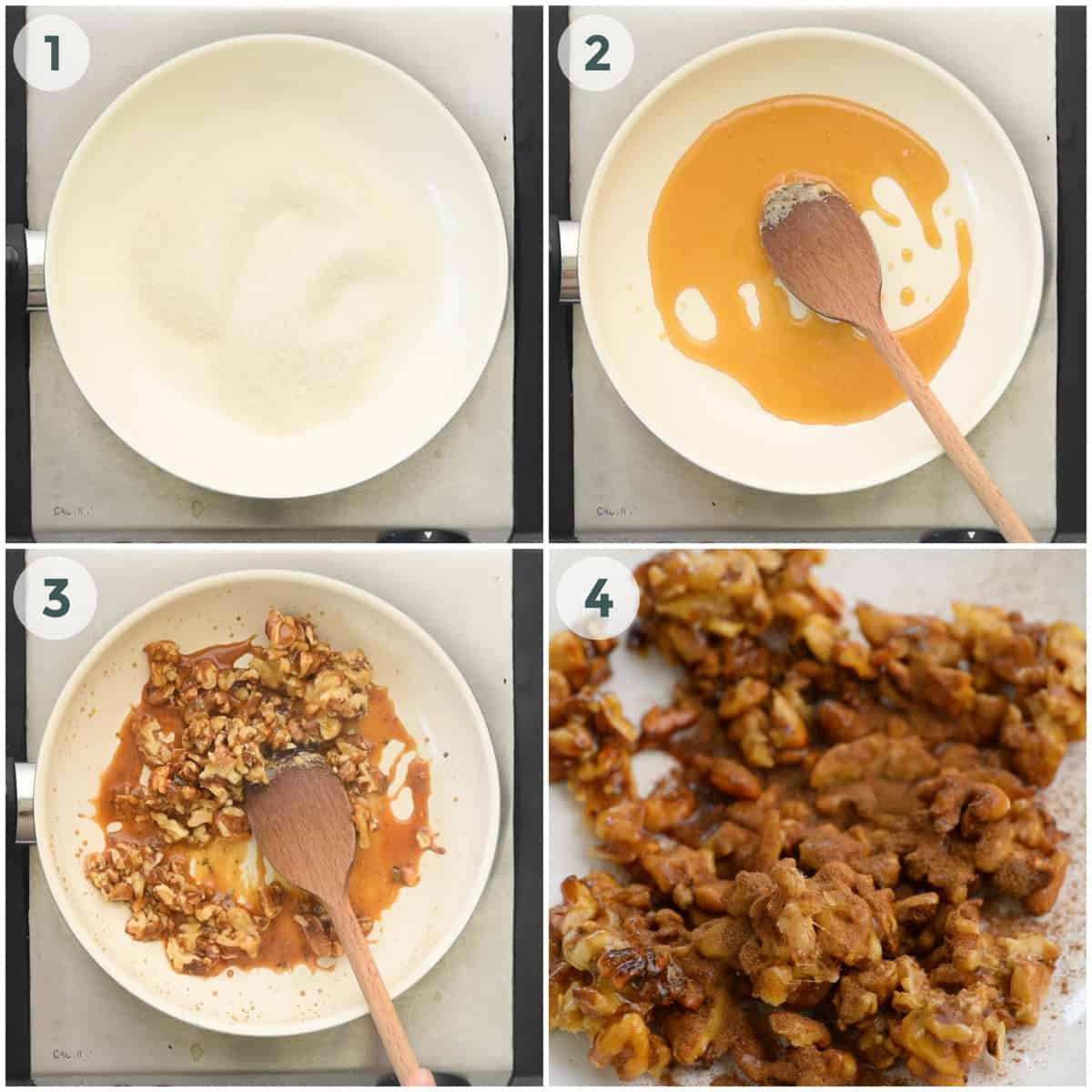 four steps of preparing candied nuts