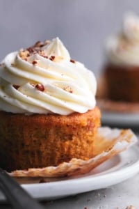 up close view of 3/4 of a single brown cupcake with white frosting