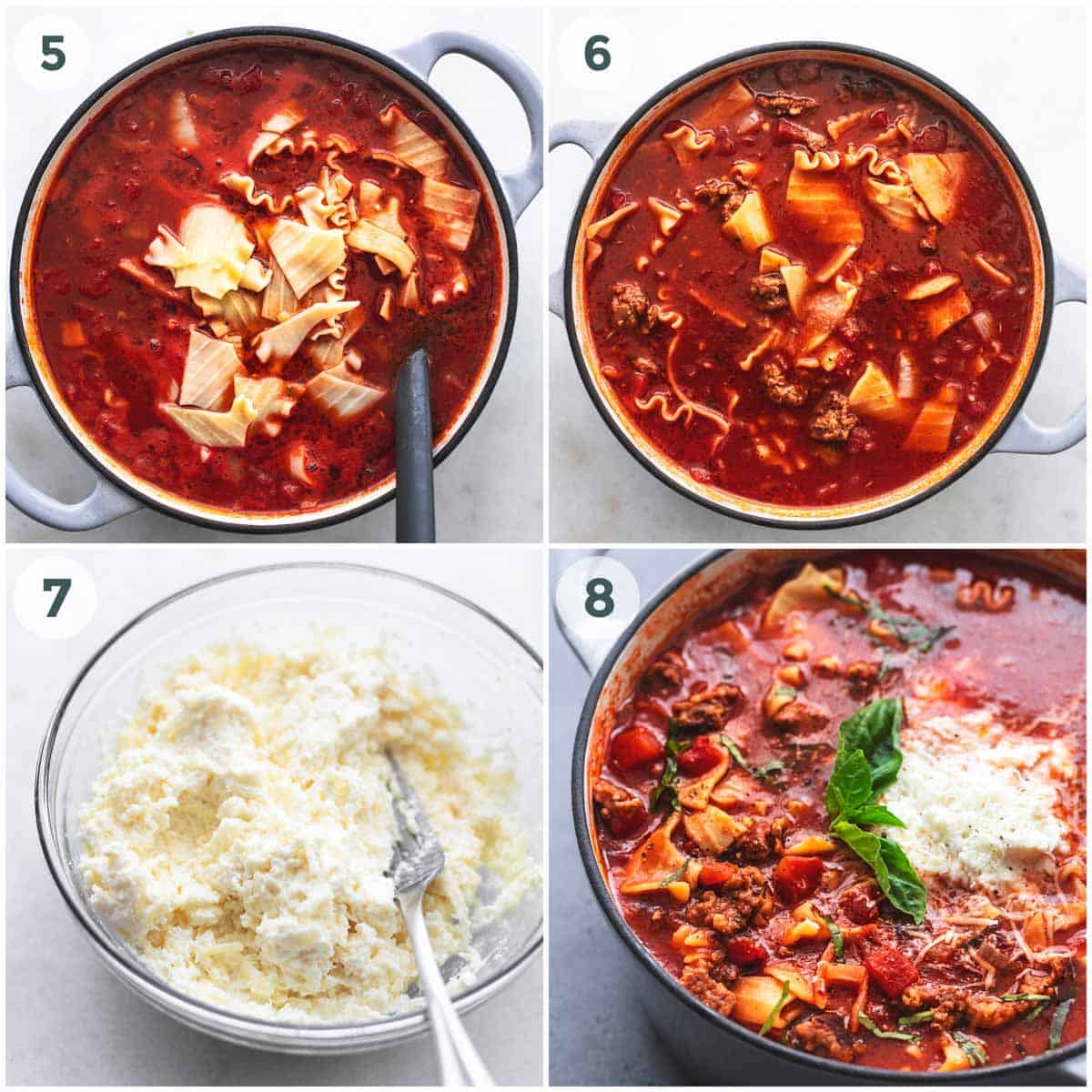 collage of four images featured preparation of lasagna soup