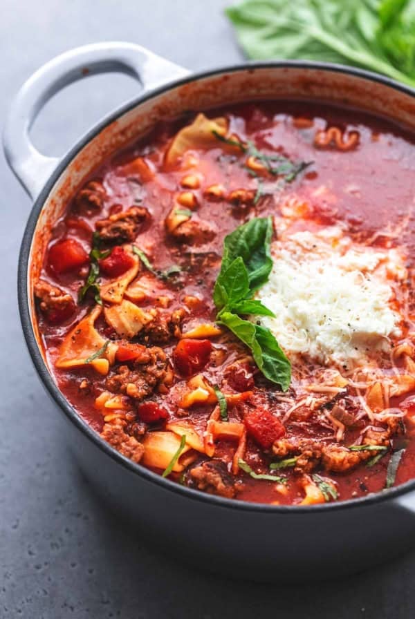up close view of lasagna soup in pot.