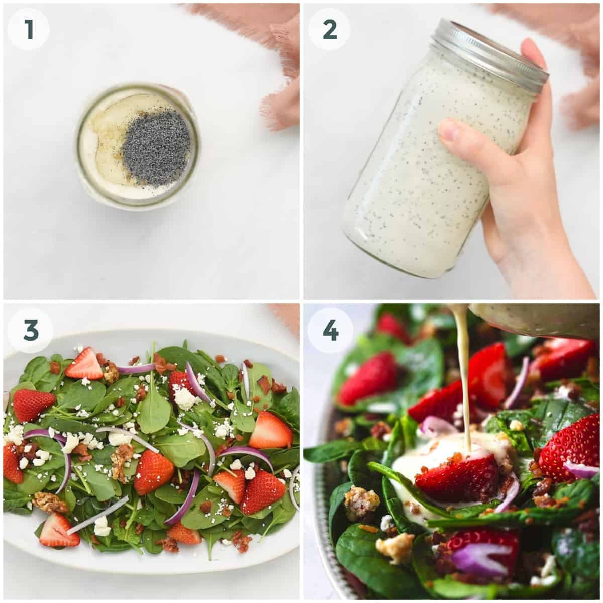 four steps of preparing poppy seed dressing and strawberry salad