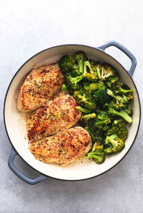overhead view of three cooked chicken breasts with cooked broccoli in skillet