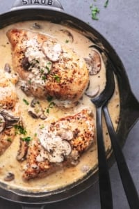 overhead view of half of a skillet with chicken breasts with creamy brown sauce