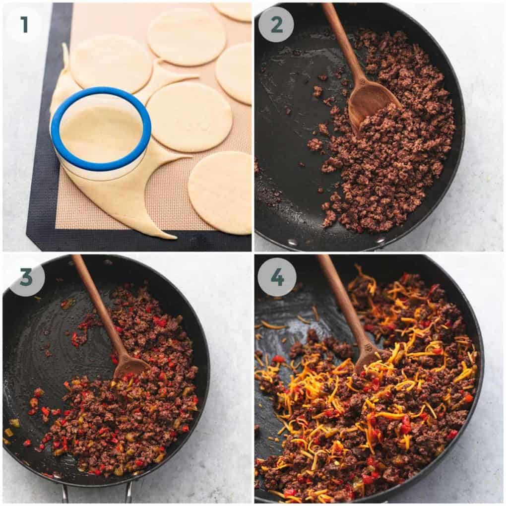 four steps for preparing filling and crust for empanadas
