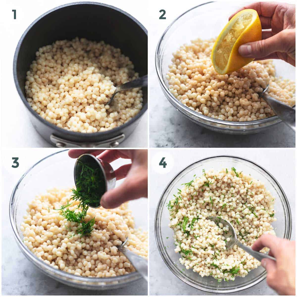 collage of lemon couscous being made.