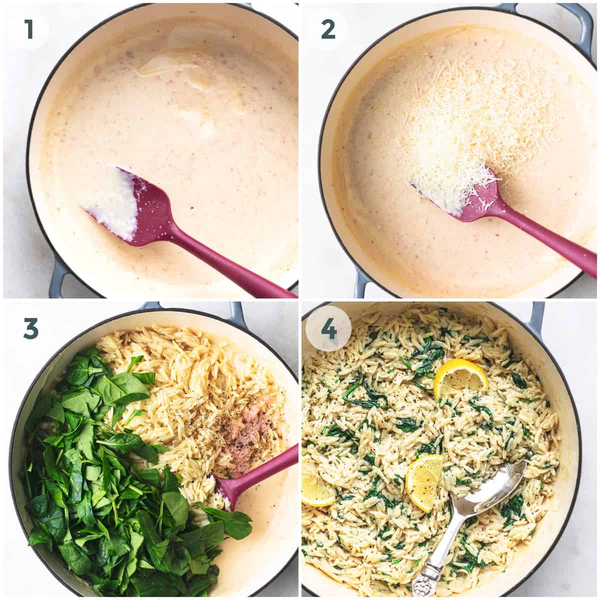 collage showing preparation of creamy parmesan spinach orzo dish.