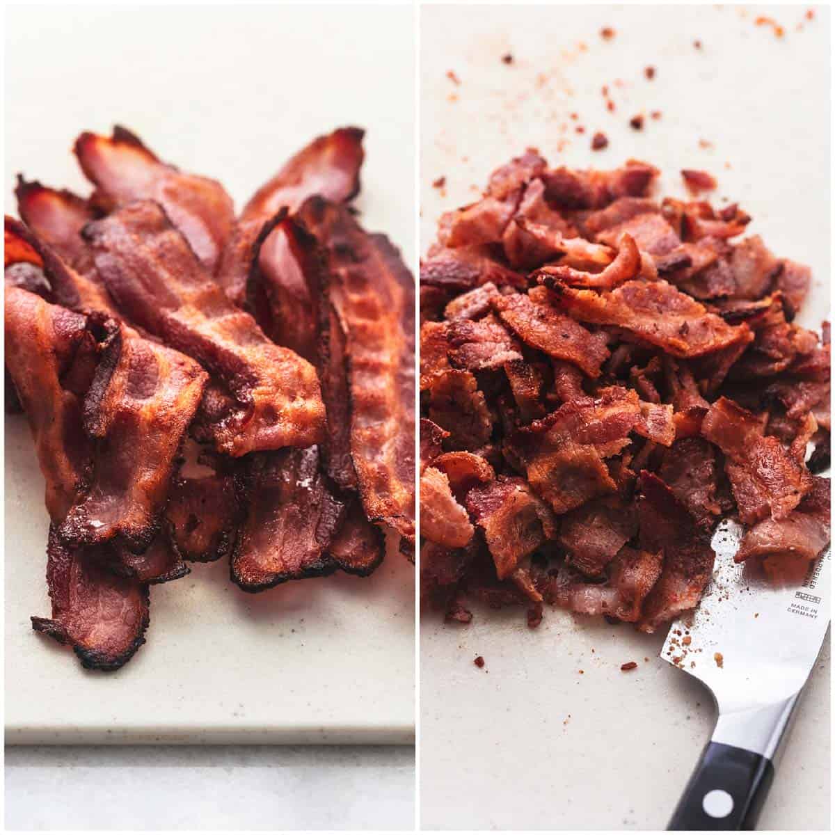 side by side images of cooked bacon strips and chopped bacon.