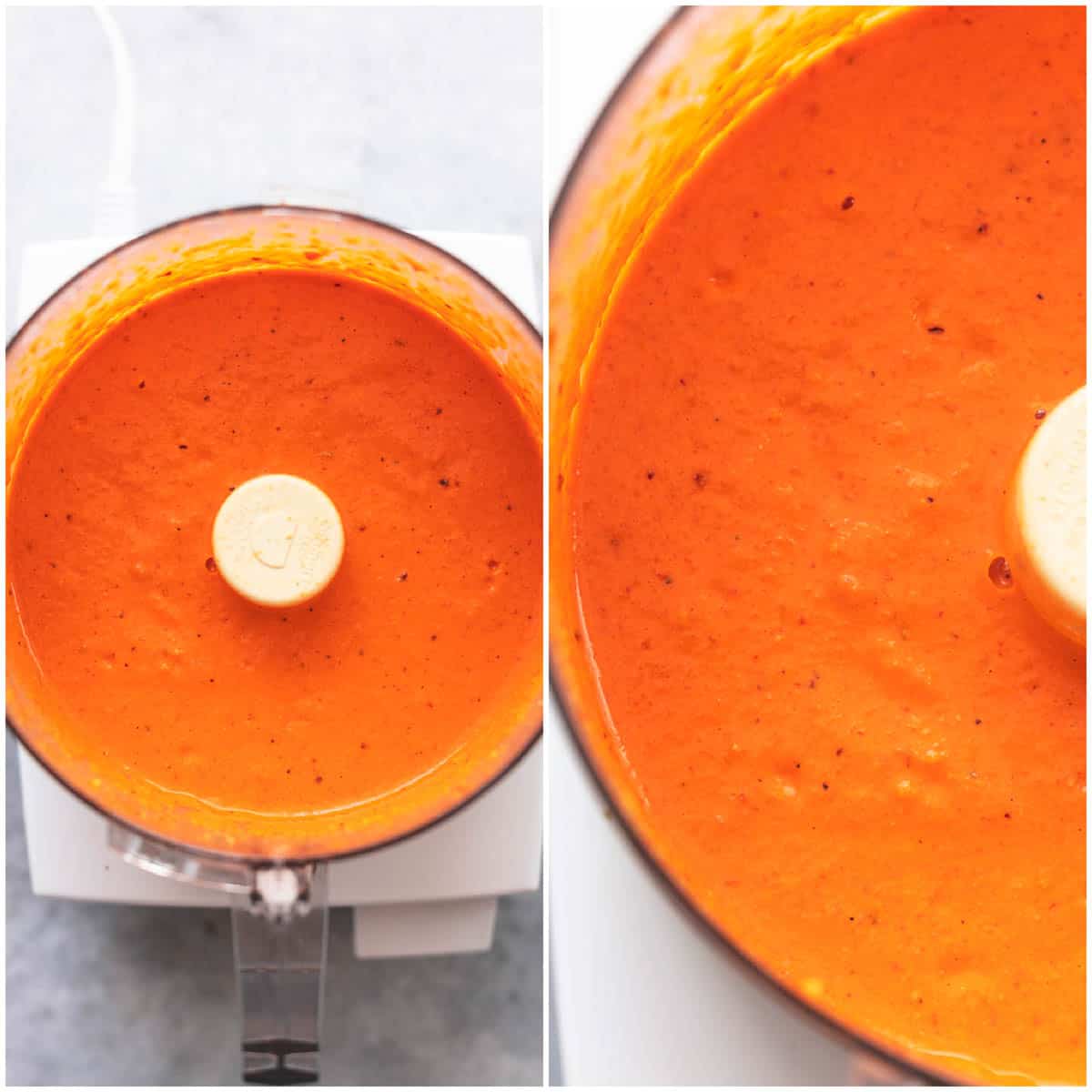 side by side images of roasted red pepper sauce in a food processor.