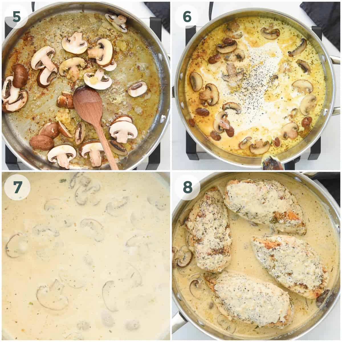 four steps of preparation of mushroom sauce for chicken