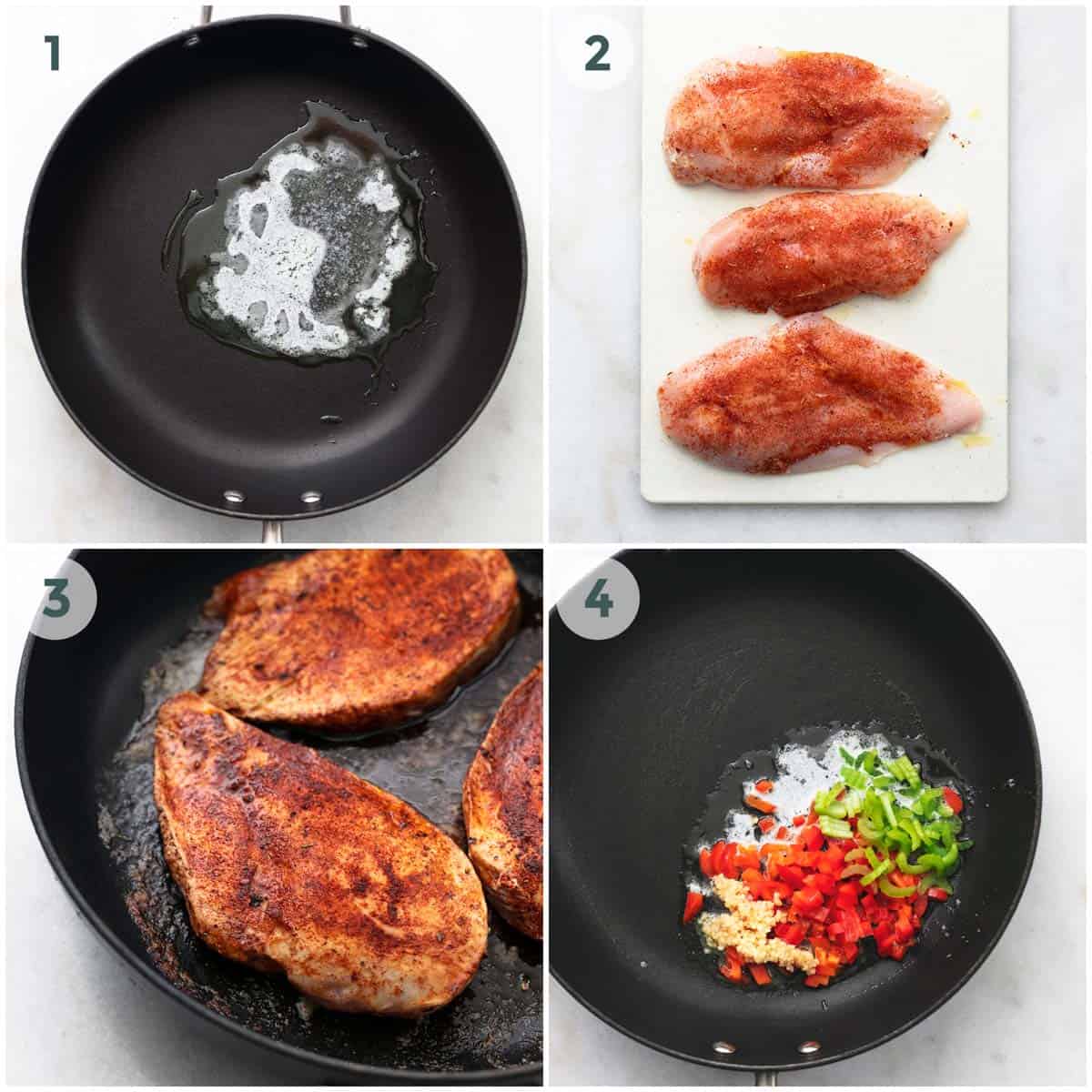 four steps of chicken and rice preparation in skillet