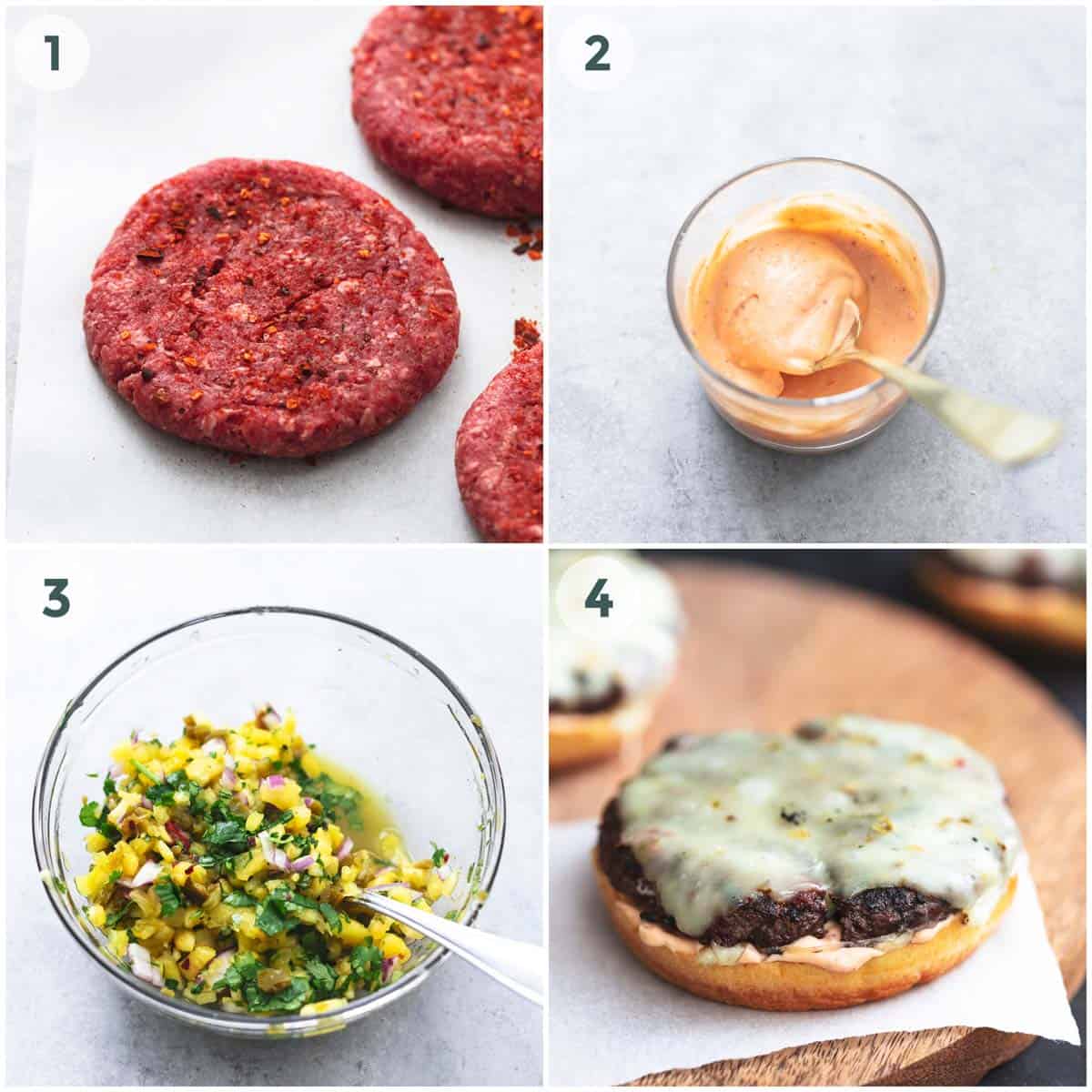 four steps to assemble a hamburger