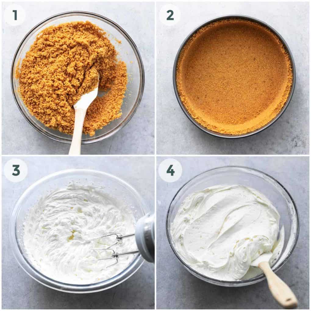 collage of four steps of preparing crust and filling for cheesecake