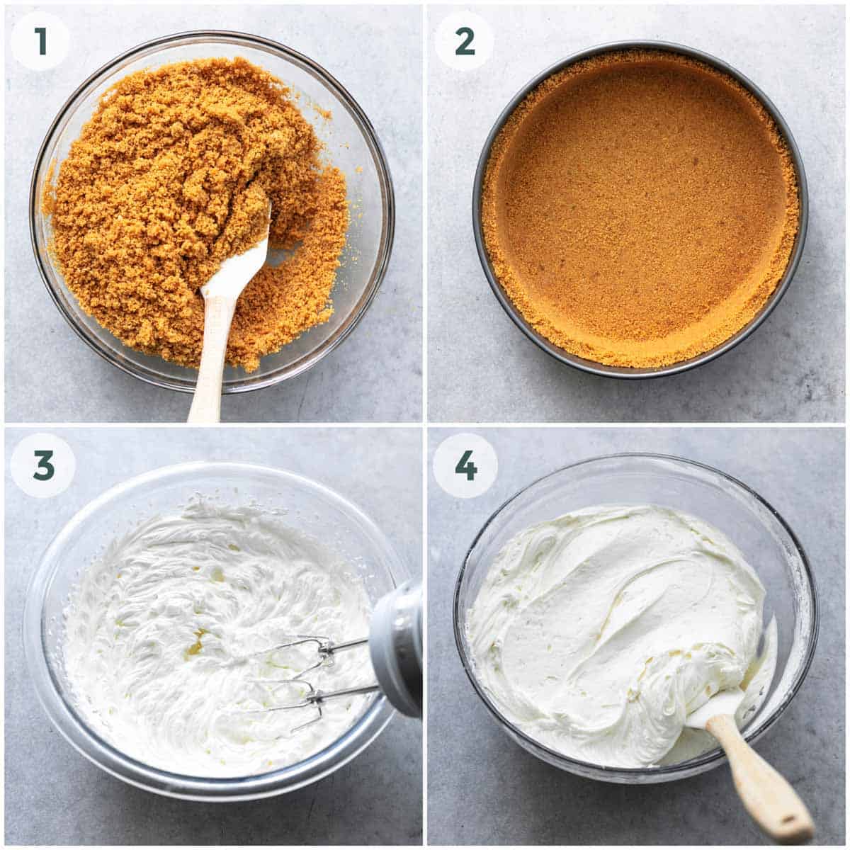 collage of four steps of preparing crust and filling for cheesecake